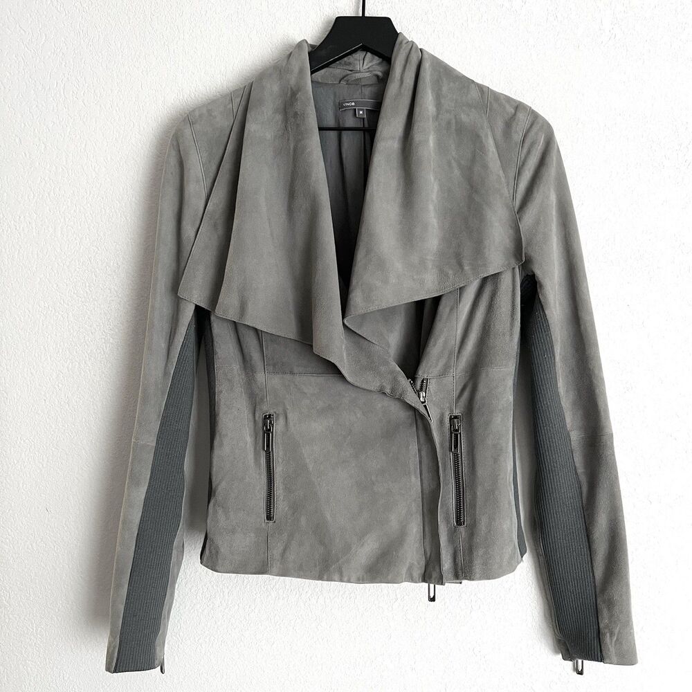 Vince Drape Paper Weight Suede Biker Jacket in Grey Size M